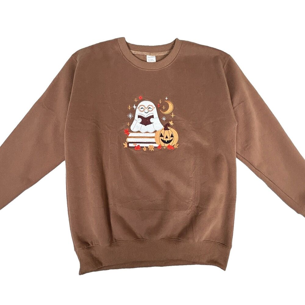 Brown cotton blend embroidered ghost reading a book academia cottagecore Sz M